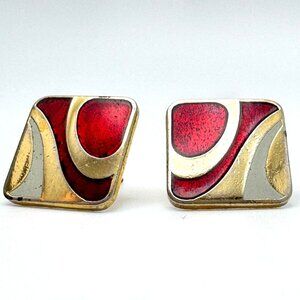 Samuel Huang Cloisonné Vintage Earrings 7/8" Red Gold Gray Enamel Square Stud